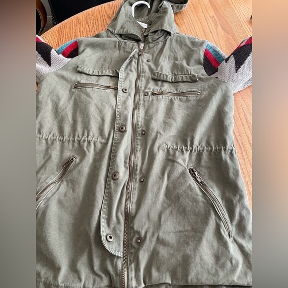 Thread & Supply Hooded Cargo Utility Jacket Aztec Knit Sleeve Green Size M - Picture 6 of 12
